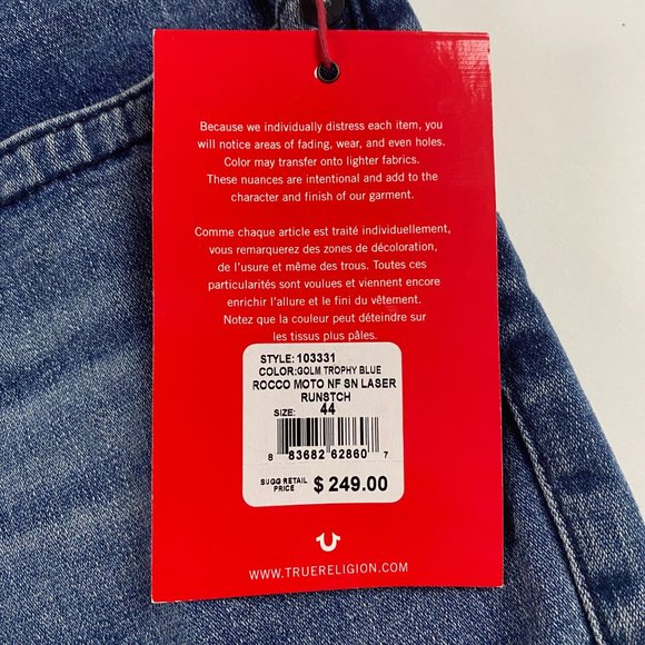 NWT True Religion Rocco Moto No Flap Relaxed Skinny Jeans Mens 44 Trophy Blue - Picture 6 of 15